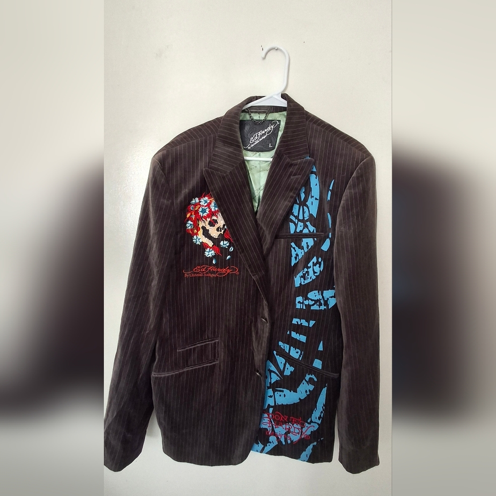 Ed Hardy Brown Pinstripe Blazer with Blue Panel and Red Embroidery